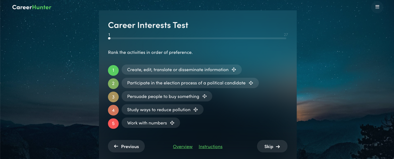 An example question from the Career Hunter career interests test with 5 options